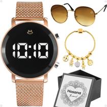 Caixa + oculos sol + relogio feminino aço digital + pulseira social dourado ajustavel moda silicone - Orizom