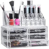 Caixa organizador de maquiagem com 6 gavetas 17 divisorias porta batom pinceis e joias em acrilico