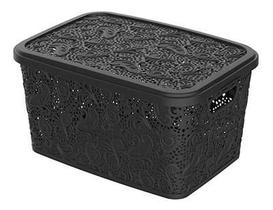 Caixa Organizadora 10 litros PP Floral Preta Alça Vazada