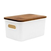 Caixa Organizadora 6L de Plástico Com Tampa de Madeira Oikos Lavanderia Banheiro