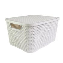 Caixa Organizadora Branca Rattan Cesto Espaçoso com Tampa Capacidade 07 Litros 16cm x 28cm x 18cm