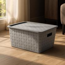 Caixa Organizadora Cesto Trama 29 Litros com tampa Plástico Cinza Fendi Resistente PP Plasnorthon