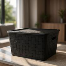 Caixa Organizadora Cesto Trama 29 Litros com tampa Plástico Preta Resistente PP Plasnorthon