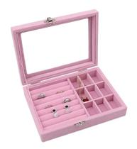 Caixa Organizadora Porta Jóias Bijuterias Luxo em Veludo e Tampa de Vidro