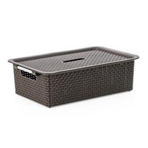 Caixa Organizadora Rattan Empilhavel Cesto Multiuso Com Tampa 18 Litros N05 Branco Marrom Preto