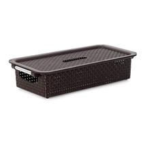 Caixa Organizadora Rattan Empilhavel Cesto Multiuso Com Tampa 6 Litros N02 Preto Marrom Branco