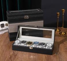 Caixa Para Guardar Relógios Com 6 Espaços Almofadados Fecho Metálico E Tampa De Vidro