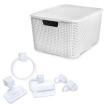 Caixa Plástica Rattan 7Lts + Kit Banheiro 5Pçs Caribe Branco