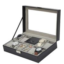 Caixa porta joias bijuterias relogio anel maleta fecho com chave e visor de vidro design moderno