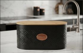 Caixa Porta Pão Grande Metal Preto Com Tampa De Bambu Caixa Porta Pão Grande Metal Preto Com Tampa De Bambu