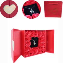 Caixa Presente Rosa Eterna Com Colar E Brinco