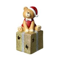 Caixa Presente Urso Natalino Glitter Dourado Iluminado Led
