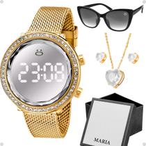 Caixa + pulseira + relogio dourado feminino + oculos sol social moda qualidade premium gatinho