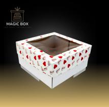 Caixa quadrada para bolo com visor coração 16x16x15 5 unidades - Packaging Works