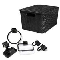 Caixa Rattan 15L Preto + Kit Acessórios 5 Peças Caribe Preto