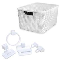 Caixa Rattan 15Lts Branca + Kit Banheiro 5Pçs Caribe Branco - Arqplast