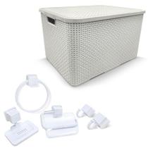 Caixa Rattan 40L + Kit Acessórios Banheiro 5Pç Caribe Branco