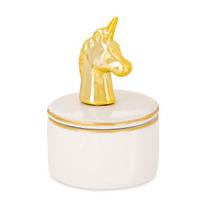Caixa Redonda Unicornio Dourado e Branco em Ceramica