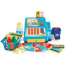 Caixa registradora de brinquedo azul - leitor com luz e som
