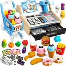 Caixa registradora de madeira VROGTIK com scanner e carrinho de brinquedo Caixa registradora de madeira VROGTIK com scanner e carrinho de brinquedo