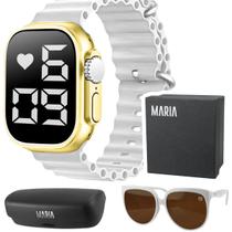 Caixa + Relógio digital feminino + Óculos sol proteção uv case exclusiva pulseira branca dourado led