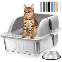 Caixa Sanitária KareCute de Aço Inoxidável com Tampa - Para Gatos Grandes (Cinza)