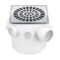 Caixa Sifonada Branca com Grelha Quadrada Cromada 150mm x 150mm x 50mm Herc