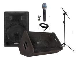 Caixa Som Ativa E Passiva + Microfone Lyco Pedestal Karaoke Lazer Voz Loja Gourmet Forte Home Bar Área
