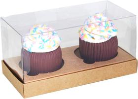 Caixa Tampa Transparente 2 Cupcakes Cor Kraft 10 Unidades