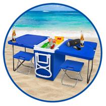 Caixa Térmica Cooler 32 Litros Com Mesa e Cadeira Praia Camping 5 Em 1 Azul Arqplast