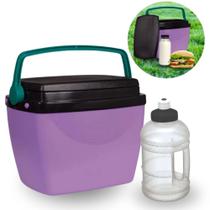 Caixa Termica Lilas / Roxa Cooler Pequeno 6 L + Garrafa Squeeze Preta 500 Ml Lanches e Bebidas Kit