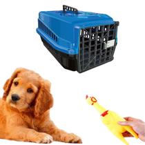 Caixa Transporte Pet N3 Azul + Brinquedo Interativo Galinho