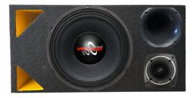 Caixa trio duto triangulo colorido médio grave hard power hp 750 compet módulo taramps