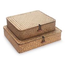 Caixas de armazenamento DOKOT Flat Seagrass com tampa, conjunto de 2 (S+L) marrons