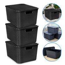 Caixas Organizadora Rattan 7 Litros C/ Tampa Preta Kit 3 Pçs