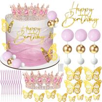Cake Topper AMZVALU Crown com bolas de feliz aniversário em ouro rosa