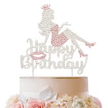 Cake Topper LINGTEER Feliz Aniversário Crown Queen Lady Pink