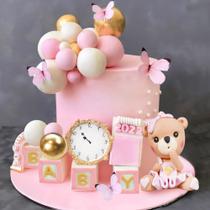 Cake Toppers DRWATE Bear Pink BABY Letter com bolas de pérolas