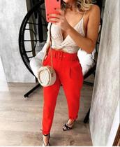 Calça Alfaiataria Cinto Encapado Elegante Chick Feminina Blogueira Moda Contemporânea Executiva