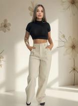 Calça Alfaiataria Linho Feminina Wide Leg Elegante Bolsos