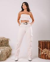 Calça Algodão Wide Leg Feminina Cintura Alta Carpinteiro Cargo Linha Eco 23209 Off White