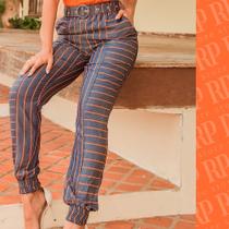 Calça azul listas azul e laranja