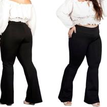 Calça Bailarina Plus Size Flare Boca de Sino Preto Suplex Cós Alto
