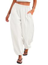 Calça balão feminina Tankaneo, cintura elástica, perna larga, branca Calça balão feminina Tankaneo, cintura elástica, perna larga, branca