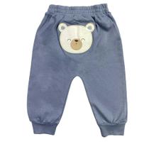 Calça bebê azul com punho e bordado urso