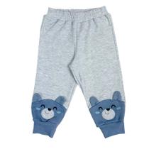 Calça bebê mescla e azul bordado urso com orelhas