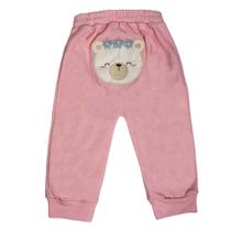 Calça bebê rosa bordado urso com coroa de flores