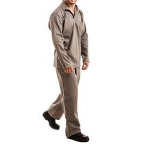 Calça Brim 4 Bolsos Total Elástico Camisa Manga Longa Gola Italiana Sem Botão