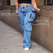 Calca calça Feminina Wide Leg Cargo bolso Plus Size Original Cor:Jeans-AçoTamanho:52 Calca calça Feminina Wide Leg Cargo bolso Plus Size Original Cor:Jeans-AçoTamanho:52