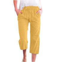 Calça Capri feminina, algodão, linho, casual, solta de verão, D06, amarela Calça Capri feminina, algodão, linho, casual, solta de verão, D06, amarela